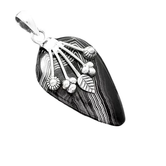 Black Striped Agate Solid 925 Sterling Silver Pendant - Picture 2 of 3